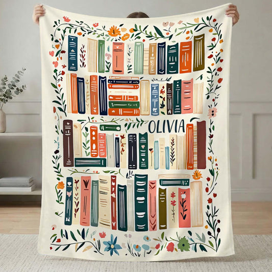 Personalized Book Blanket, Custom Name Reading Throw, Floral Bookshelf Gift for Book Lovers, Cozy Library Decor