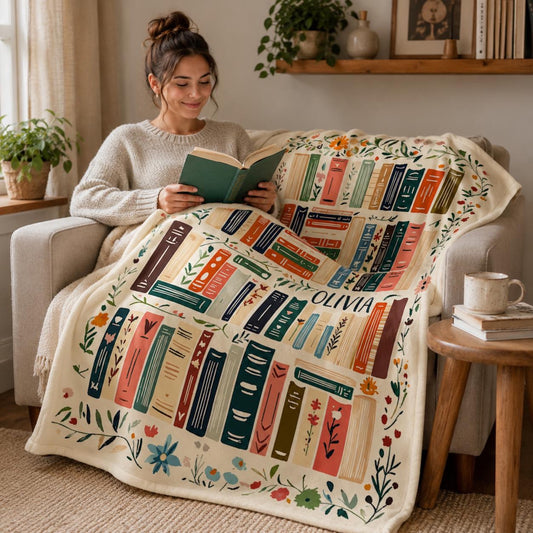 Personalized Book Blanket, Custom Name Reading Throw, Floral Bookshelf Gift for Book Lovers, Cozy Library Decor